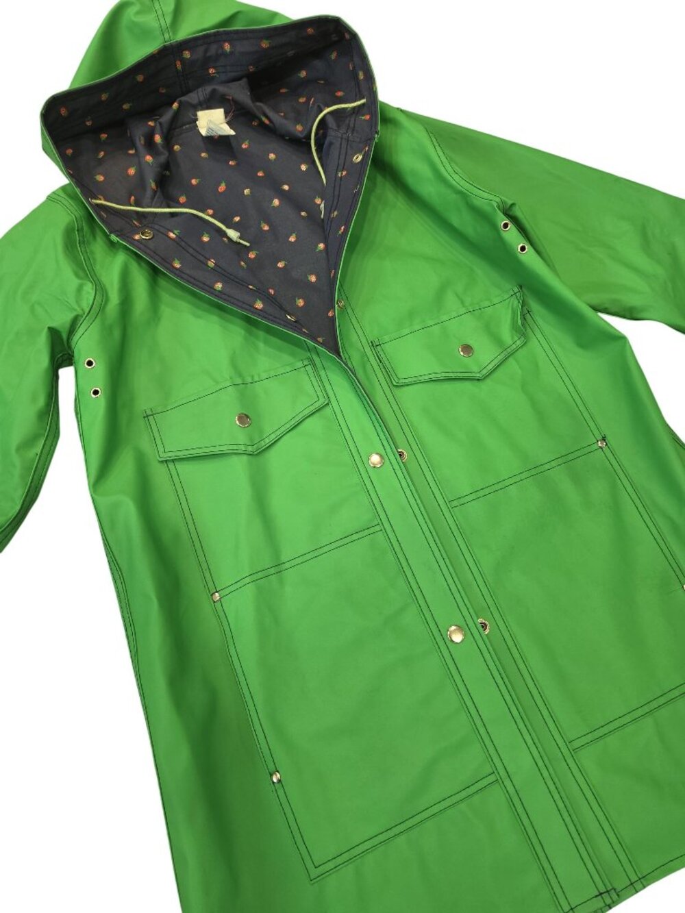vintage Green Hooded Vinyl Raincoat Strawberry-Lined Interior snap closure med